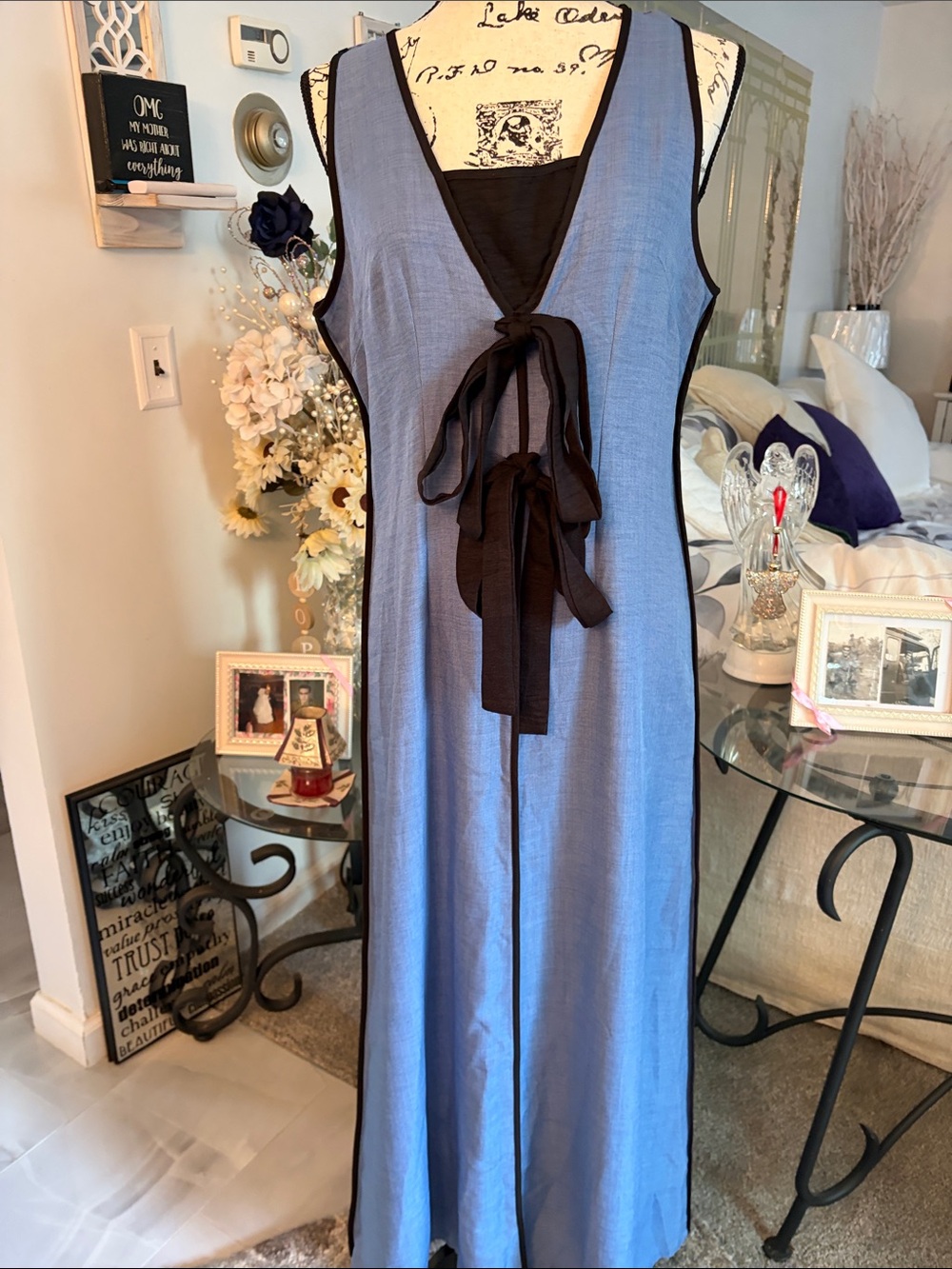 SHEIN Blue Maxi Dress with Black Tie and Trim